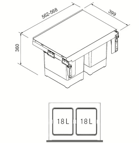 Ugradbeni kanta za otpad Franke sorter s dvije posude i prednjim izvlačenjem u sivoj boji.