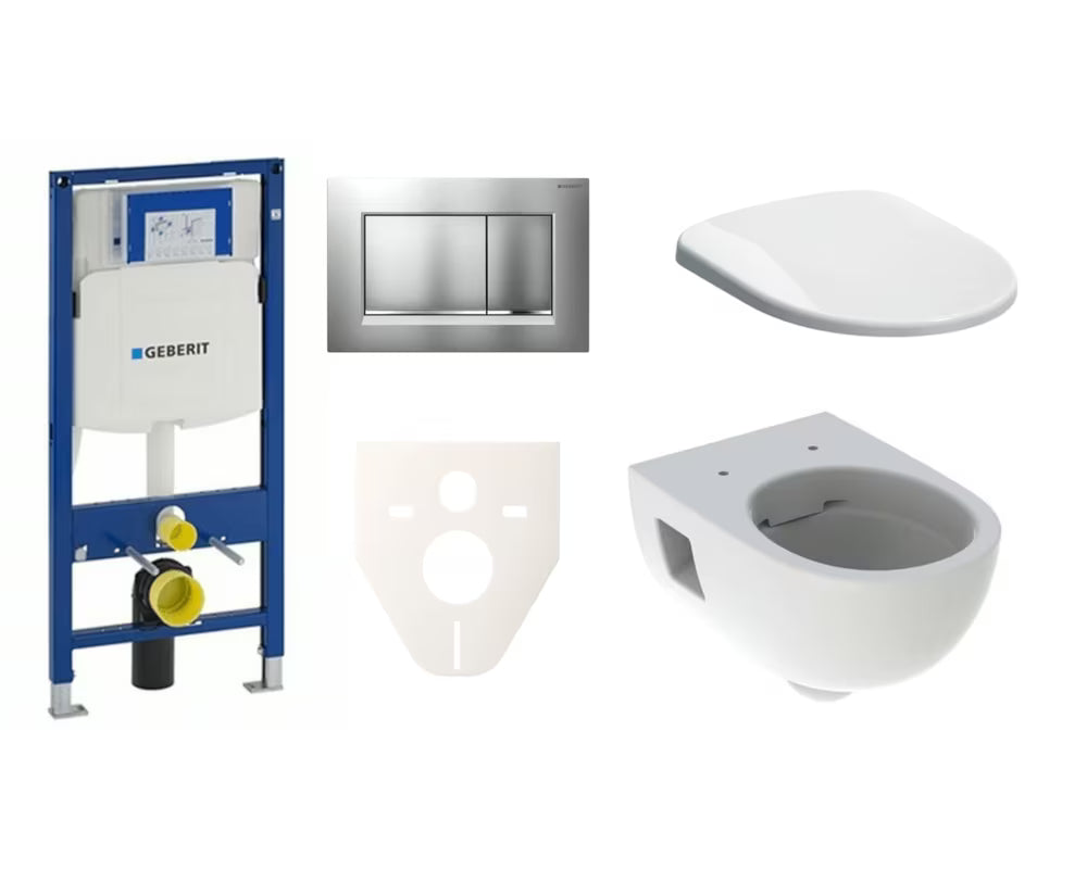 Viseći WC set Geberit Selnova s modulom Duofix, Rimfree školjkom, sjedalom soft Close i tipkom u mat krom izvedbi.