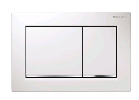Bijeli sjajni tipka za aktiviranje Geberit Omega30 pro za ugradbeni vodokotlić Geberit Omega s dvokoličinskim ispiranjem.