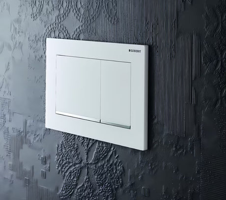 Bijeli sjajni tipka za aktiviranje Geberit Omega30 pro za ugradbeni vodokotlić Geberit Omega s dvokoličinskim ispiranjem.