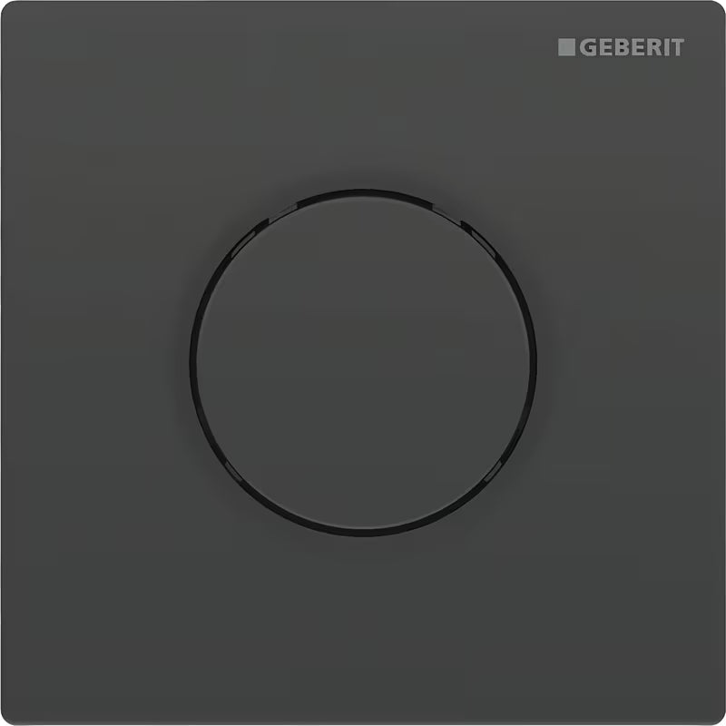 Crni tipka za aktiviranje Geberit tip 10 pro za ručno ispiranje pisoara s mat crnim dizajnerskim prstenom.