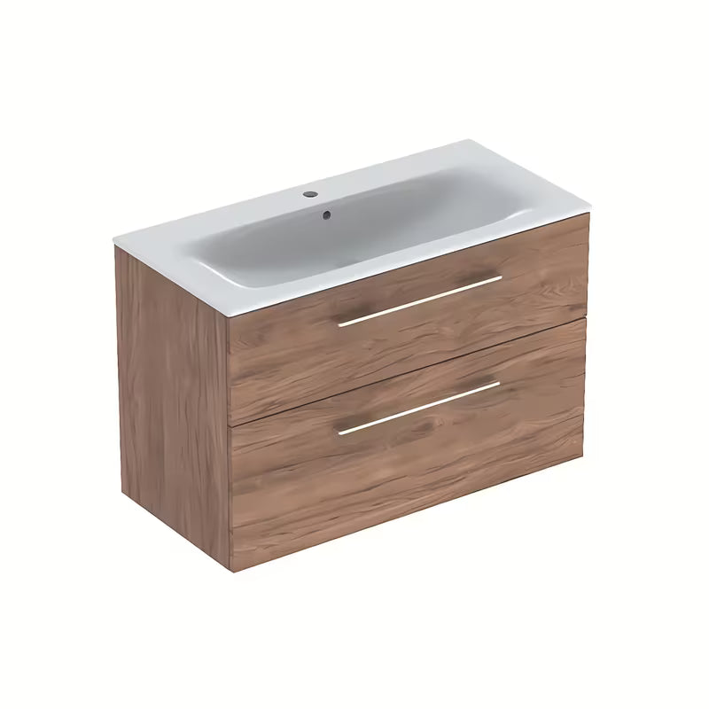 Viseća ormarić s keramičkim umivaonikom Geberit Selnova u dekoru oraha hickory, 100x50,2x65,2 cm.