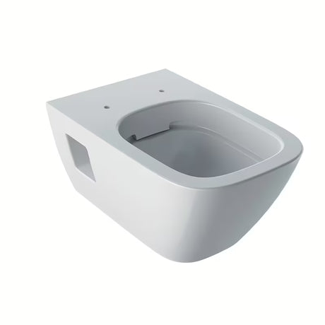 Bijele viseća WC školjka Geberit Selnova Square s tehnologijom Rimfree bez sustava za ispiranje i četvrtastim dizajnom.