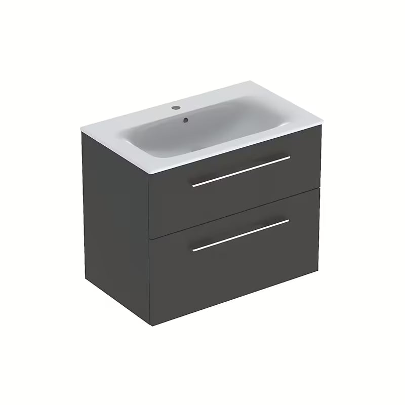 Viseća ormarić s keramičkim umivaonikom Geberit Selnova u antracitnom dekoru lave s mat površinom.