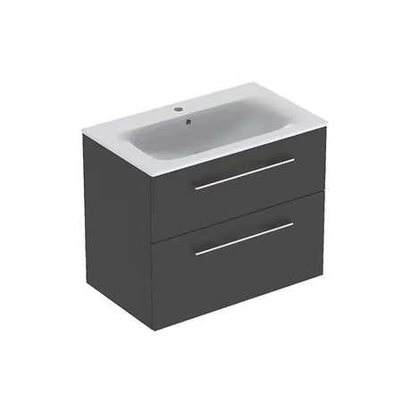 Viseća ormarić s keramičkim umivaonikom Geberit Selnova u antracitnom dekoru lave s mat površinom.