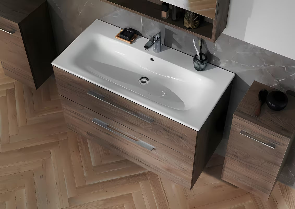 Viseća ormarić s keramičkim umivaonikom Geberit Selnova u dekoru oraha hickory, 100x50,2x65,2 cm.