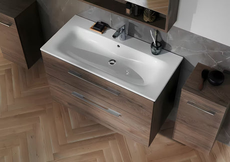 Viseća ormarić s keramičkim umivaonikom Geberit Selnova u dekoru oraha hickory, 100x50,2x65,2 cm.