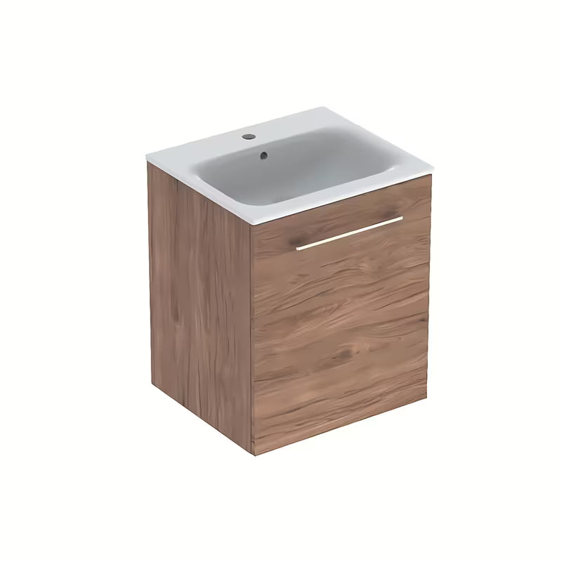 Viseća kupaonski ormarić s keramičkim umivaonikom Geberit Selnova u dekoru orah hickory.