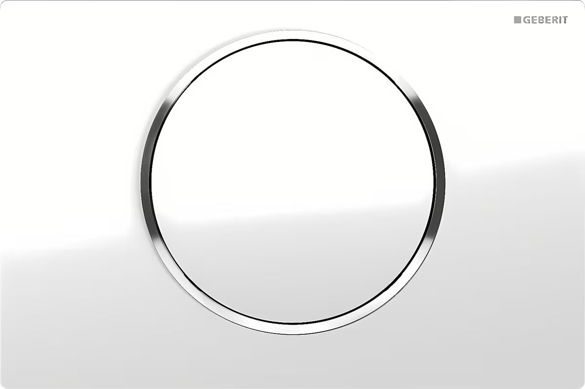 Bijela tipka za aktiviranje Geberit Sigma10 sa sjajno kromiranim prstenom pro ispiranje Start/Stop