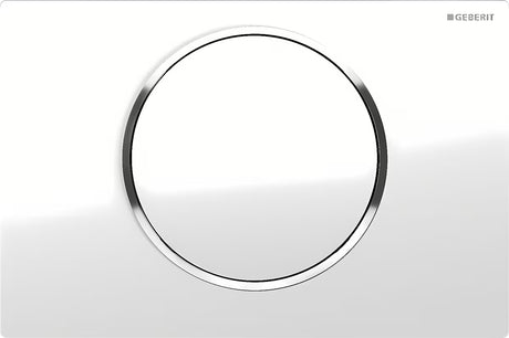 Bijela tipka za aktiviranje Geberit Sigma10 sa sjajno kromiranim prstenom pro ispiranje Start/Stop