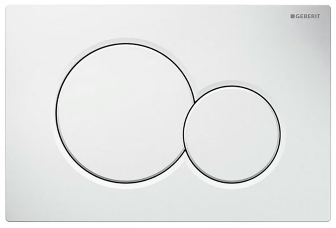 Bijela tipka za aktiviranje Geberit Sigma01 pro za podžbukni vodokotlić Geberit Sigma s dvokoličinskim ispiranjem.