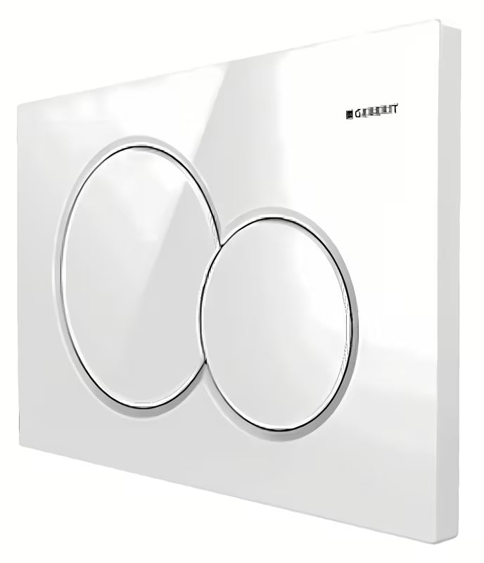 Bijela tipka za aktiviranje Geberit Sigma01 pro za podžbukni vodokotlić Geberit Sigma s dvokoličinskim ispiranjem.