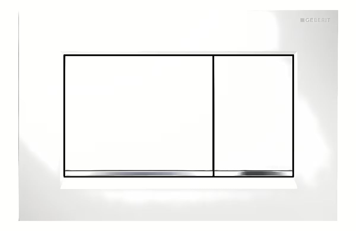 Bijela tipka za aktiviranje Geberit Sigma30 s kromiranom sjajnom trakom pro za podžbukni vodokotlić Geberit Sigma.