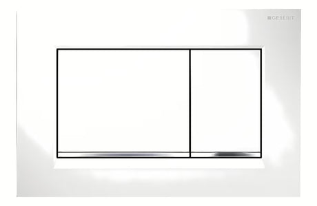 Bijela tipka za aktiviranje Geberit Sigma30 s kromiranom sjajnom trakom pro za podžbukni vodokotlić Geberit Sigma.