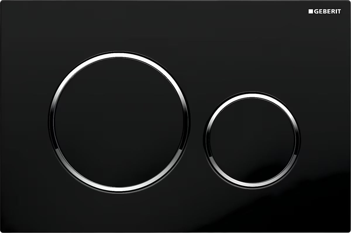 Crna dvokoličinska tipka za aktiviranje Geberit Sigma20 s prstenovima CR sjaj pro za vodokotliće Geberit Sigma