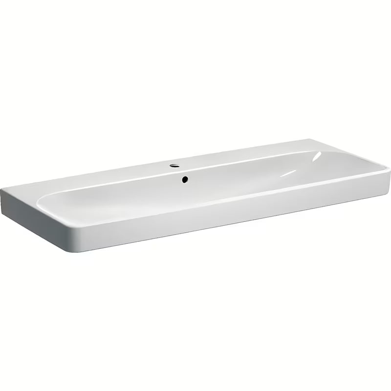 Bijeli viseće keramički umivaonik Geberit Smyle Square 120x48 cm s otvorom za pro slavinu u sredini.