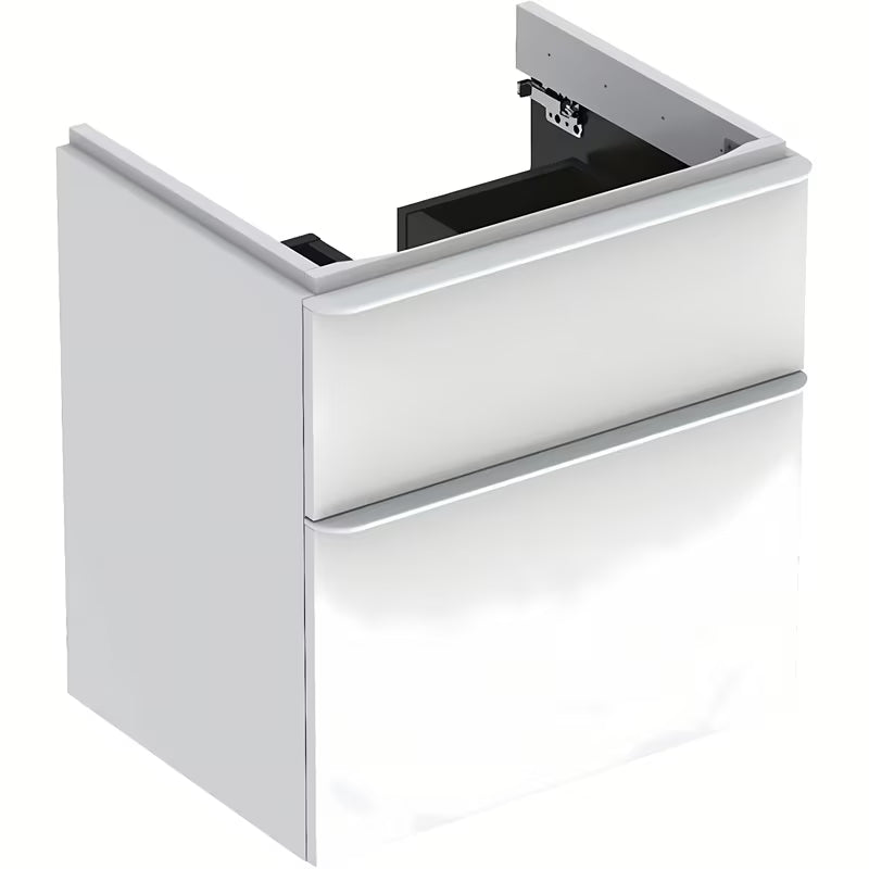 Bijeli viseća ormarić ispod umivaonika Geberit Smyle Square s lakiranom sjajnom površinom i ladicama sa soft Close.