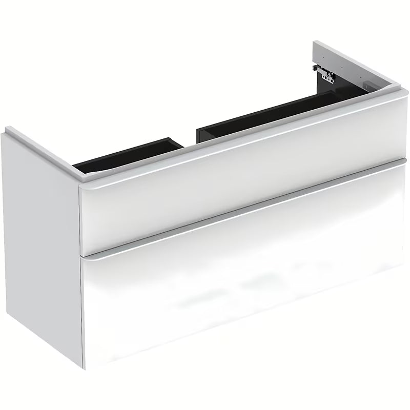 Bijeli viseća ormarić ispod umivaonika Geberit Smyle Square 118,4x62x47 cm sa sporim zatvaranjem soft Close.