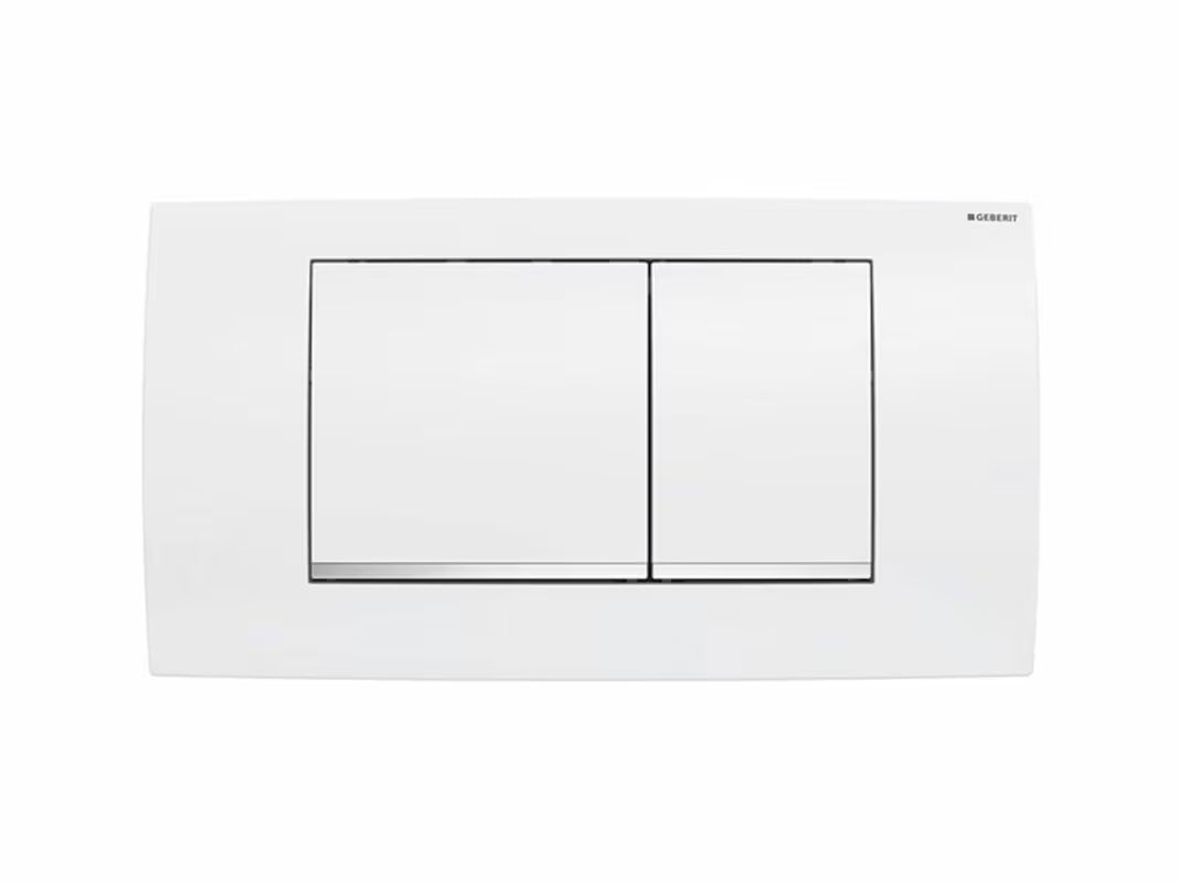 Bijeli tipka za aktiviranje Geberit Twinline30 sa sjajnom kromiranom trakom pro dvokoličinsko ispiranje.