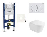 Viseći WC set Glacera Ava s instalacijskim modulom Geberit i tipkom za ispiranje Delta u sjajnoj bijeloj boji.