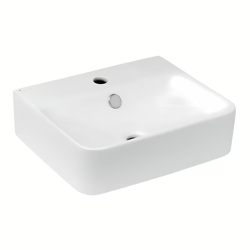 Bijeli keramički četvrtasti mali umivaonik Glacera Bigio s preljevom i otvorom pro za slavinu u sredini