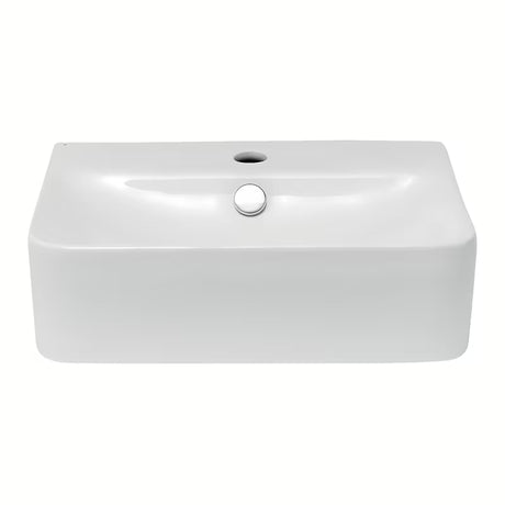 Bijeli keramički četvrtasti mali umivaonik Glacera Bigio s preljevom i otvorom pro za slavinu u sredini