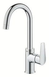 Visoka jednoručna baterija miješalica za umivaonik Grohe bauedge u krom izvedbi s odvodom.