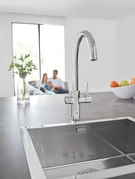 Kromirana miješalica za sudoper Grohe Blue Home Duo s filtrom, s hlađenjem i tipkom pro za gaziranu i negaziranu vodu