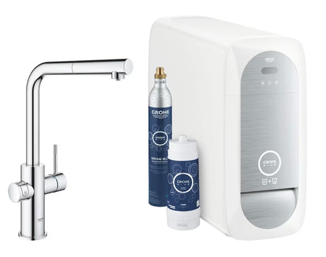 Kromirana kuhinjska miješalica za sudoper Grohe Blue Home Duo s filtrom, s hlađenjem i izvlačnim perlatorom
