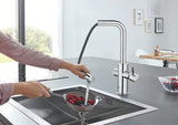 Kromirana kuhinjska miješalica za sudoper Grohe Blue Home Duo s filtrom, s hlađenjem i izvlačnim perlatorom