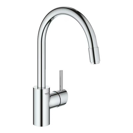 Kromirana miješalica za sudoper Grohe Concetto New s visokim zakretnim izljevom i izvlačnim tušem.