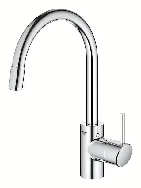 Kromirana miješalica za sudoper Grohe Concetto New s visokim zakretnim izljevom i izvlačnim tušem.