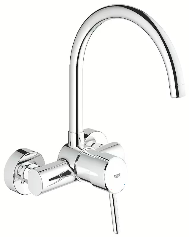 Kromirana zidna miješalica za sudoper Grohe Concetto New s visokim zakretnim izljevom 360°.