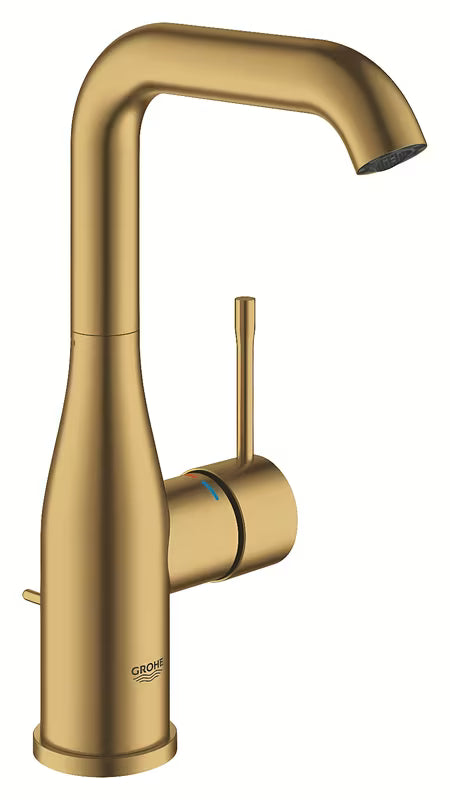 Jednoručna Baterija stojeća miješalica za umivaonik Grohe Essence s odvodom u izvedbi cool sunrise brushed s mat površinom.