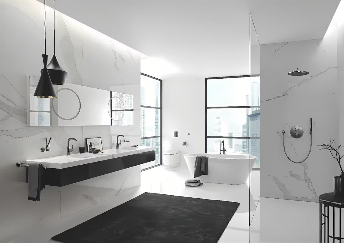 Podna miješalica za kadu Grohe Essence New s tuš setom u završnoj obradi Hard Graphite.