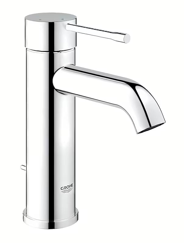 Kromirana jednoručna baterija miješalica za umivaonik Grohe Essence New s odvodnim setom i tehnologijama za uštedu vode.
