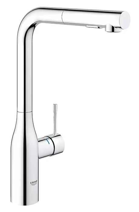 Kromirana miješalica za sudoper Grohe Essence New s visokim zakretnim izljevom i izvlačnim tušem