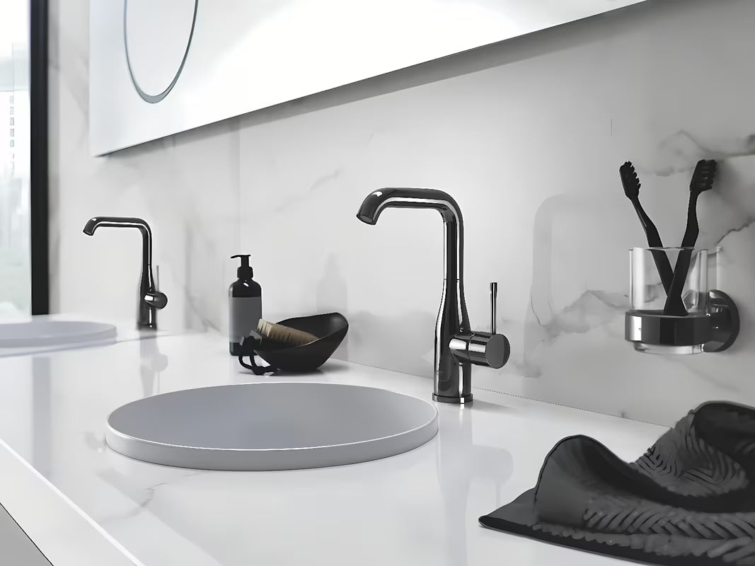 Visoka jednoručna baterija miješalica za umivaonik Grohe Essence New u završnoj obradi Hard Graphite s okretnim izljevom
