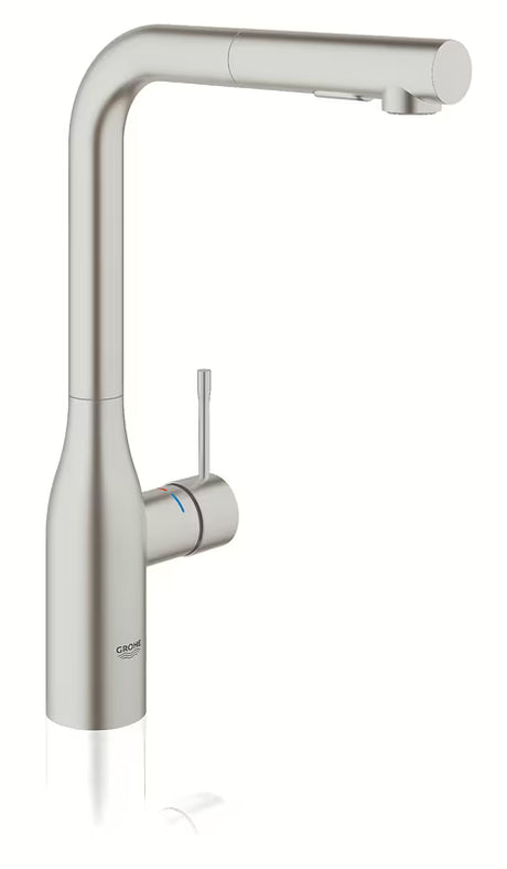 Grohe Essence New miješalica za sudoper s visokom zakretnom izljevnom cijevi i izvlačnim tušem u završnoj obradi supersteel.