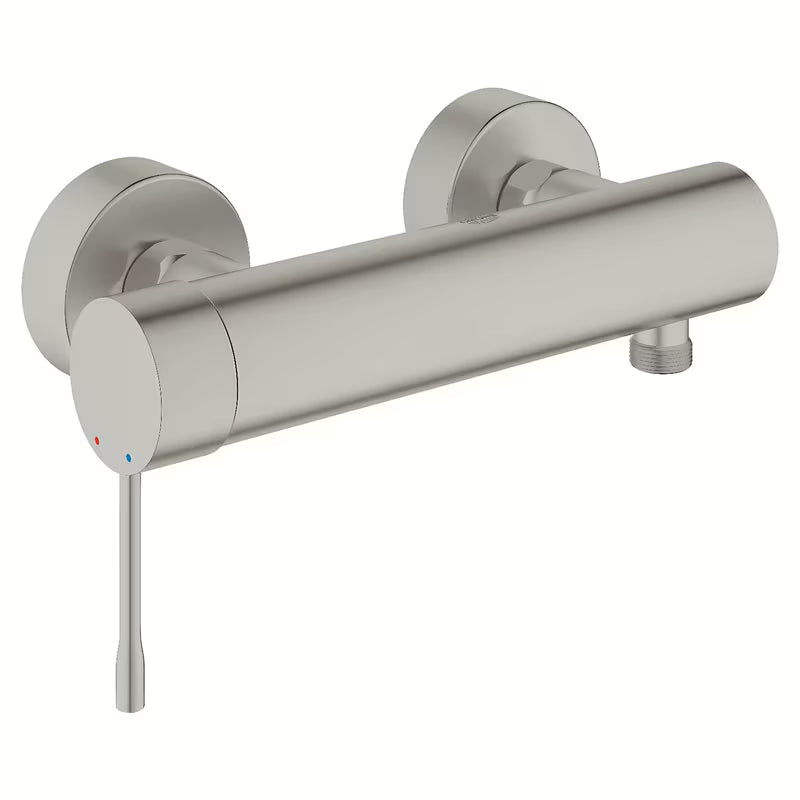 Zidna jednoručna baterija miješalica za tuš Grohe Essence New u izvedbi supersteel s izgledom mat nehrđajućeg čelika.
