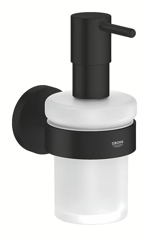 Dozator sapuna Grohe Essentials u mat crnoj izvedbi sa staklenom posudicom i metalnim držačem