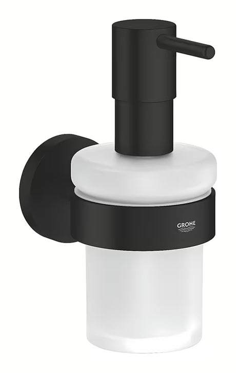 Dozator sapuna Grohe Essentials u mat crnoj izvedbi sa staklenom posudicom i metalnim držačem