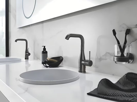 Držač Grohe Essentials pro za posudicu za sapun ili čašu u izvedbi Brushed Hard Graphite sa skrivenim pričvršćenjem.
