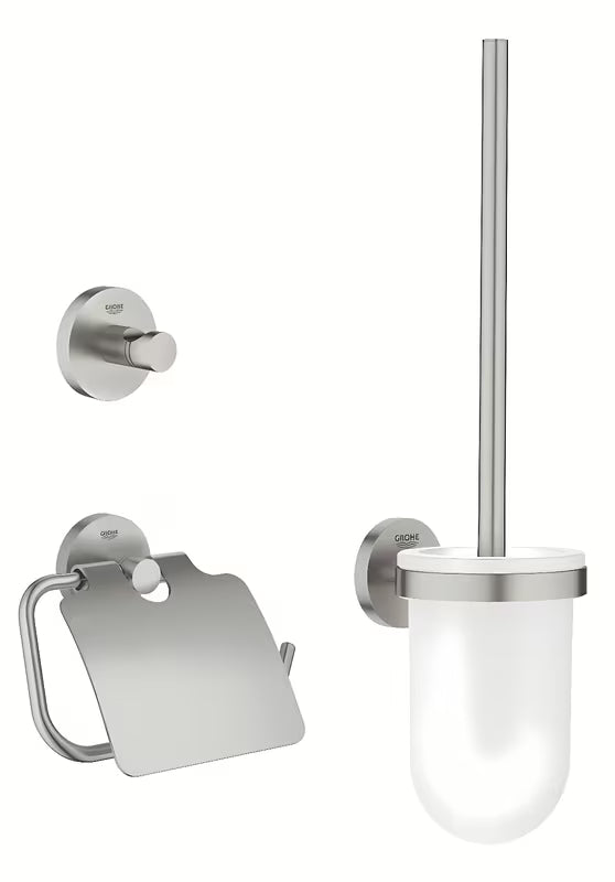 Set kupaonskih dodataka Grohe Essentials u izvedbi supersteel s kukicom, držačem papira i WC školjke četkom