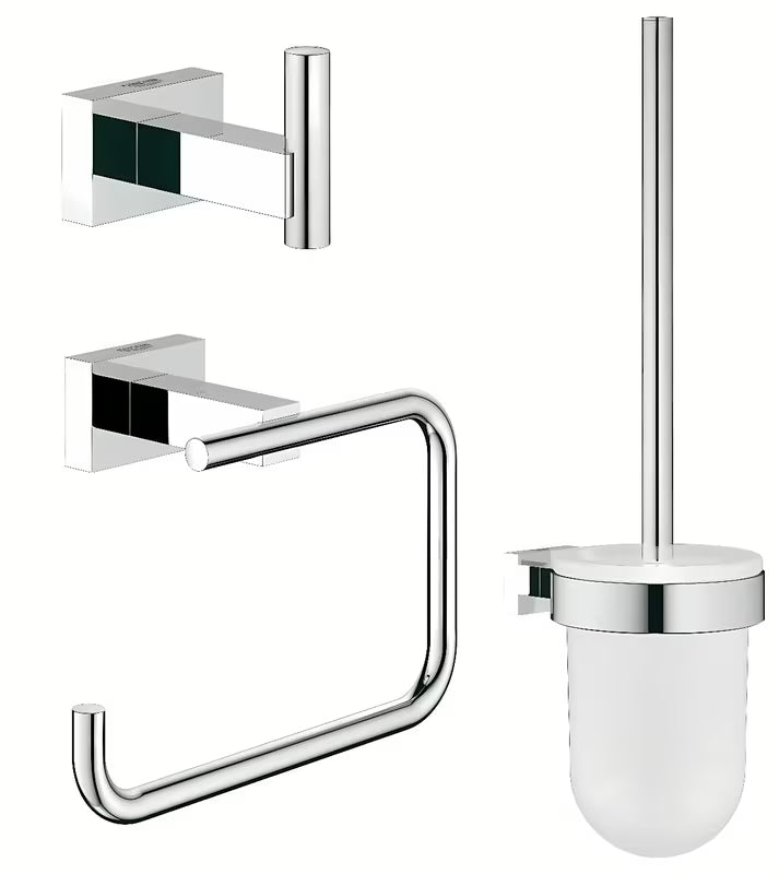 Kromirana set dodataka Grohe Essentials Cube s kukicom, držačem toaletnog papira i WC školjke četkom