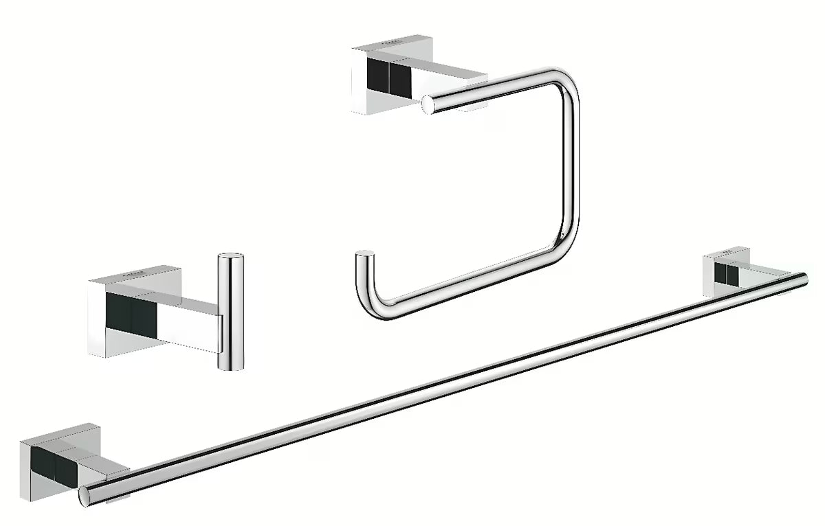 Kromirani set kupaonskih dodataka Grohe Essentials Cube s kukicom, držačem WC školjke papira i držačem ručnika.