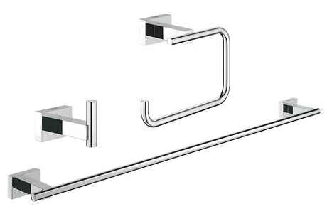 Kromirani set kupaonskih dodataka Grohe Essentials Cube s kukicom, držačem WC školjke papira i držačem ručnika.