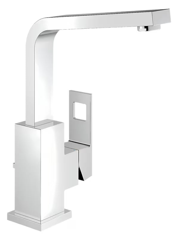 Kromirana miješalica za sudoper Grohe Eurocube s visokim zakretnim izljevom u četvrtastom dizajnu.
