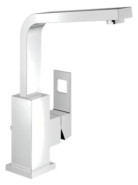 Kromirana miješalica za sudoper Grohe Eurocube s visokim zakretnim izljevom u četvrtastom dizajnu.