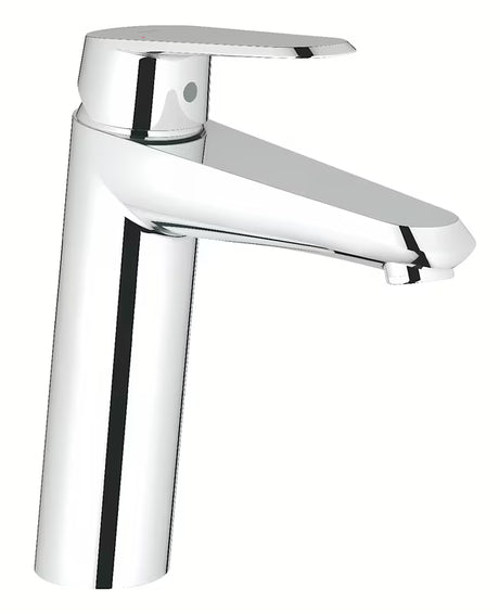 Kromirana miješalica za umivaonik Grohe Eurodisc Cosmopolitan s upravljanjem ručicom i glatkim tijelom bez odvoda.